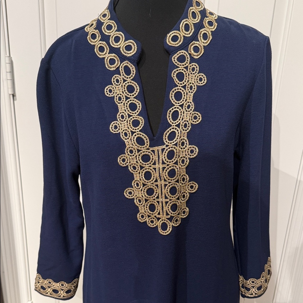 Charter Club Navy Long-Sleeve Dress with Gold Loop Embroidery - Picture 2 of 7